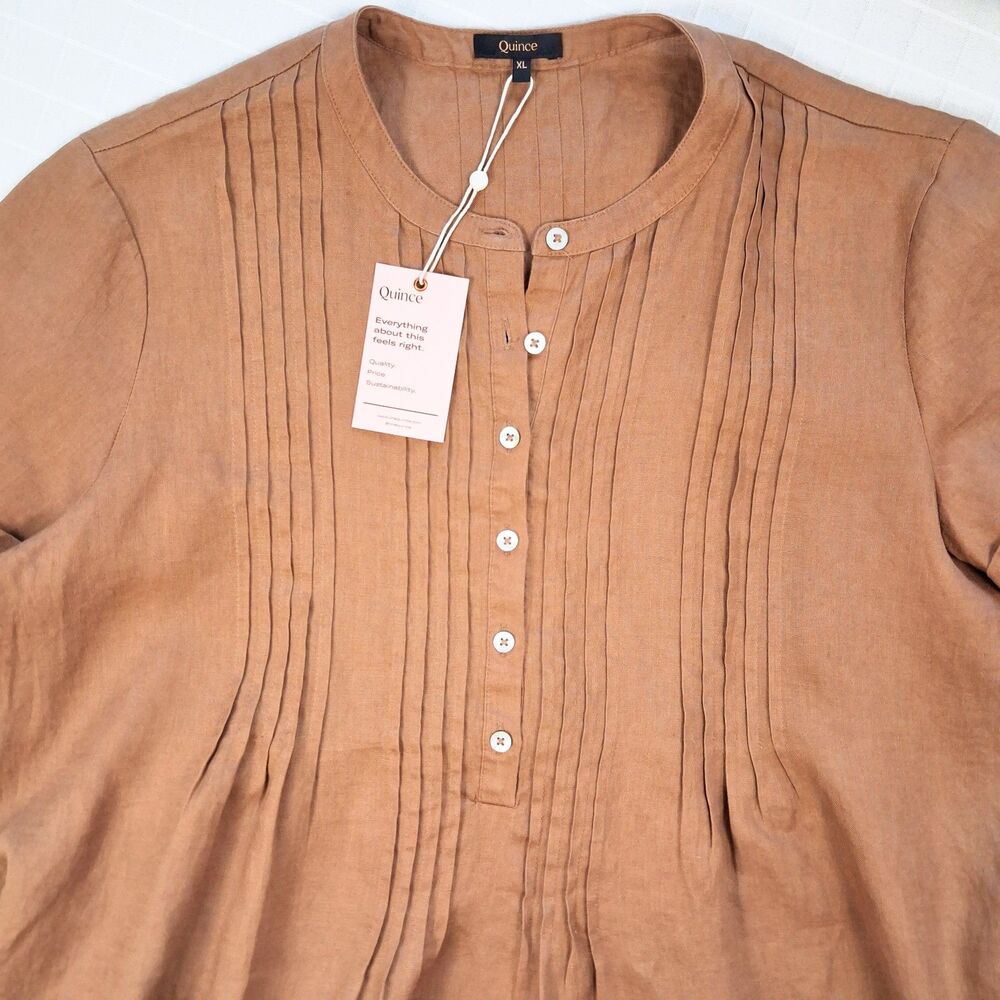 Quince NWT European Linen Short-Sleeve Swing Dress Golden Brown Pintuck Size XL - Picture 10 of 10